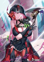  artist_name bare_shoulders black_gloves breasts cleavage cosplay diabellstar_the_black_witch diabellstar_the_black_witch_(cosplay) duel_monster eye_mask female gloves highres holding holding_scythe hololive hololive_english hooded_top kiddycorky large_breasts long_hair looking_at_viewer mori_calliope pink_hair scythe virtual_youtuber yu-gi-oh! 