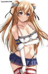  absurdres black_neckerchief black_panties blue_skirt breasts cosplay crop_top elbow_gloves female gloves highleg highleg_panties highres horizontal-striped_thighhighs johnston_(kancolle) kantai_collection light_brown_hair long_hair medium_breasts microskirt mizuki_(uzuki_no_sato) navel neckerchief panties pleated_skirt purple_eyes sailor_collar shimakaze_(kancolle) shimakaze_(kancolle)_(cosplay) skirt striped_clothes striped_thighhighs thighhighs thong two_side_up underwear very_long_hair white_gloves 