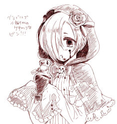  blood blood_on_face bottle dress_shirt earrings female flower greyscale hair_over_one_eye holding holding_bottle hood hood_up idolmaster idolmaster_cinderella_girls jewelry kotori-nyoni long_sleeves monochrome open_mouth shirasaka_koume shirt short_hair simple_background skull_ornament sleeves_past_fingers sleeves_past_wrists solo translation_request upper_body 