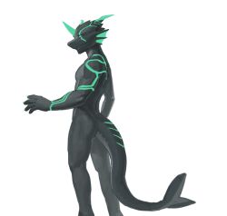  2024 3_horns anthro aquatic_dragon biceps biped black_body dragon green_eyes green_markings hi_res horn looking_at_viewer male marine markings multi_horn mythological_creature mythological_scalie mythology nude_anthro nude_male pecs scalie slim_anthro slim_male solo whcy 