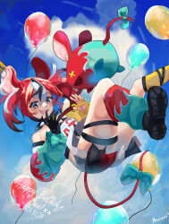  absurdres animal_ear_fluff animal_ear_piercing animal_ears balloon black_footwear blue_bow blue_eyes blue_sky blush bow choker extra_ears falling female foot_out_of_frame hakos_baelz hakos_baelz_(1st_costume) happy_birthday highres hololive hololive_english key leg_warmers miku_(mikururun) mouse_ears mouse_girl mouse_tail mr._squeaks_(hakos_baelz) multicolored_hair open_mouth outdoors red_hair sharp_teeth signature sky spiked_choker spikes streaked_hair tail tail_bow tail_ornament teeth thigh_strap twintails virtual_youtuber 