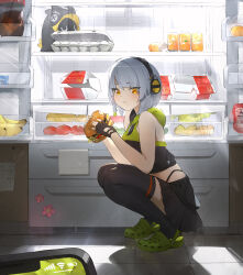  anby_demara banana bangboo_(zenless_zone_zero) bare_arms bare_shoulders black_skirt black_thighhighs blunt_bangs can crop_top egg egg_carton female food fruit grey_hair headphones highres juffles midriff miniskirt refrigerator skirt sleeveless sleeveless_jacket squatting thighhighs wcdonald&#039;s yellow_eyes zenless_zone_zero 