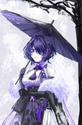  arknights art_trade artist_name black_choker black_gloves black_umbrella blue_eyes blue_hair breasts choker cowboy_shot cross dress elbow_gloves english_commentary eyelashes eyepatch female fur_shawl fur_trim gloves hair_ornament hair_over_one_eye hand_on_own_elbow highres holding holding_umbrella long_bangs looking_at_viewer looking_to_the_side medical_eyepatch medium_breasts medium_hair official_alternate_costume oil-paper_umbrella pale_skin parted_lips rienn_n shawl sleeveless solo syringe tree triangle_mouth umbrella whisperain_(arknights) whisperain_(tremble_cold)_(arknights) 