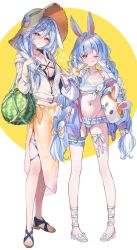  2girls ;) animal_ear_fluff animal_ears bikini black_bikini blue_hair blue_nails braid braided_ponytail breasts bridal_garter cleavage commentary_request food fruit full_body gradient_sarong hair_between_eyes hair_ornament hat highleg highleg_bikini highres holding_eyeball hololive jacket large_breasts long_hair looking_at_viewer mature_female mother_and_daughter multicolored_hair multiple_girls nail_polish navel one_eye_closed open_clothes open_jacket orange_sarong partially_unzipped pekomama rabbit-shaped_pupils rabbit_ears rabbit_girl red_eyes sandals sarong shirt shuri_(84k) simple_background smile solo straw_hat stuffed_animal stuffed_rabbit stuffed_toy sunglasses swimsuit symbol-shaped_pupils thick_eyebrows tied_shirt twin_braids two-tone_hair usada_pekora virtual_youtuber watermelon white_hair white_jacket white_shirt 