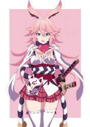  :d animal_ears blue_eyes border breasts cowboy_shot detached_sleeves female fox_ears fox_mask heart highres honkai_(series) honkai_impact_3rd japanese_clothes katana kimono long_hair looking_at_viewer mask medium_breasts nontraditional_miko obi open_mouth outstretched_arms pink_background pink_hair pink_skirt pleated_skirt sash sheath sheathed short_kimono skirt smile solo sword task_baron thighhighs weapon white_border white_kimono white_sleeves white_thighhighs yae_sakura yae_sakura_(gyakushinn_miko) 