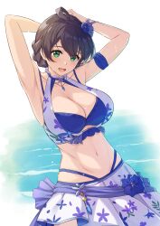  :d absurdres ahoge armpits arms_behind_head bikini black_hair blue_bikini blue_flower braid breasts cleavage collarbone cowboy_shot dot_nose earrings eyelashes female flower green_eyes hair_flower hair_ornament highres idolmaster idolmaster_million_live! idolmaster_million_live!_theater_days jewelry large_breasts looking_at_viewer mugenpai navel ocean official_alternate_costume official_alternate_hair_color open_mouth print_sarong sakuramori_kaori sarong short_hair sidelocks simple_background smile solo swimsuit water_drop white_background 