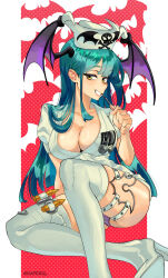  breasts cleavage daferq female green_hair head_wings highres looking_at_viewer morrigan_aensland nurse skull_print smile solo vampire_(game) white_footwear wings yellow_eyes 