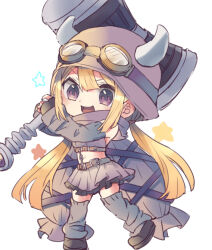  :d arm_warmers black_footwear blonde_hair blunt_bangs chibi chibi_only commentary_request female full_body goggles goggles_on_headwear hammer hands_up holding holding_hammer hood hood_up horned_hood horns kidhukaji leg_warmers long_hair looking_at_viewer low_twintails magia_record:_mahou_shoujo_madoka_magica_gaiden magical_girl mahou_shoujo_madoka_magica mitsuki_felicia open_mouth purple_eyes purple_hood purple_scarf purple_shirt purple_skirt scarf shirt shoes sidelocks skirt smile solo standing star_(symbol) twintails very_long_hair white_background 