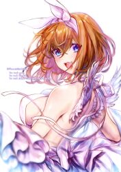  absurdres angel_wings backless_dress backless_outfit bare_shoulders blue_eyes blush breasts crossed_bangs dress feathered_wings female from_behind go-toubun_no_hanayome hair_ribbon halterneck highres large_breasts looking_at_viewer looking_back messy_hair nakano_yotsuba open_mouth orange_hair ribbon short_hair sideboob smile solo teeth twitter_username upper_body upper_teeth_only white_dress white_ribbon white_wings wings yu_(flowerbird3830) 