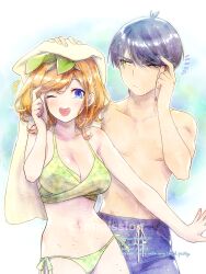  1boy adjusting_hair bikini blue_hair blue_male_swimwear breasts cleavage closed_mouth collarbone commission cowboy_shot dark_blue_hair female go-toubun_no_hanayome green_bikini green_ribbons hair_ribbon hand_on_another&#039;s_head hand_up highres large_breasts male_swimwear nakano_yotsuba navel one_eye_closed open_mouth orange_hair ribbon short_hair side-tie_bikini_bottom straight swim_trunks swimsuit topless_male towel towel_on_head twitter_username uesugi_fuutarou yellow_eyes yu_(flowerbird3830) 