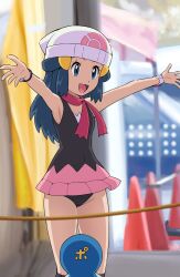  :d arms_up beanie black_panties black_shirt blue_eyes blue_hair blurry blurry_background bracelet breasts covered_navel cowboy_shot dawn_(pokemon) derivative_work dress female hair_ornament hairclip happy hat highres indoors jewelry long_hair microskirt outstretched_arms panties pink_skirt piplup poke_ball_print pokemoa pokemon pokemon_(creature) pokemon_dppt red_scarf rope scarf shirt sidelocks skirt sleeveless sleeveless_dress sleeveless_shirt small_breasts smile spread_arms traffic_cone underwear watch white_hat window wristwatch 