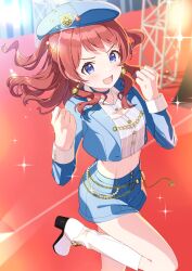  beret blue_beret blue_hat blue_jacket blue_shorts boom_boom_pow_(idolmaster) boots cleavage_cutout clothing_cutout crop_top cropped_jacket cropped_shirt earrings female gakuen_idolmaster hanami_saki hat high_heel_boots high_heels highres idol_clothes idolmaster jacket jewelry long_hair looking_at_viewer midriff misuzu0342 open_mouth short_shorts shorts smile solo stage white_footwear 