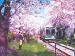  bag black_eyes black_hair black_socks blue_sailor_collar blue_skirt cherry_blossoms commentary_request female fence fubuki_(kancolle) kantai_collection kneehighs low_ponytail outdoors petals pleated_skirt ponytail power_lines railroad_tracks sailor_collar scenery school_bag school_uniform serafuku short_ponytail sidelocks skirt socks solo tokuda_shinnosuke train tree 