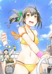  1boy admiral_(kancolle) bikini commentary_request female green_eyes grey_hair kantai_collection layered_bikini long_hair mushiboy navel_piercing piercing ponytail ship&#039;s_wheel swimsuit wristband yellow_bikini yuubari_(kancolle) 