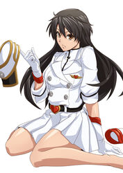  badge bambietta_basterbine barefoot belt black_hair bleach bleach:_sennen_kessen-hen brown_eyes commentary female gloves hat long_hair looking_at_viewer military military_uniform namakemono_(u446644k) pleated_skirt sitting skirt solo uniform wandenreich wandenreich_uniform wariza white_gloves 