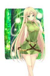  belt blonde_hair commentary_request deedlit elf female forest green_eyes hand_on_own_face highres jewelry long_hair looking_at_viewer nature photoshop_(medium) pointy_ears record_of_lodoss_war sasaki_akane solo very_long_hair 