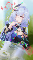  absurdres akashin birthday_cake black_shrug blue_hair blunt_bangs breasts cake chromatic_aberration cleavage collarbone commentary_request cup elysia_(honkai_impact) elysia_(miss_pink_elf)_(honkai_impact) female food glitch hair_intakes hair_ornament hand_on_own_chin head_tilt herrscher_of_corruption highres honkai_(series) honkai_impact_3rd large_breasts looking_at_viewer pointy_ears red_eyes sitting smile solo teacup upper_body yellow_pupils 