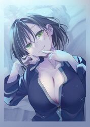  amagami-san_chi_no_enmusubi amagami_yae asymmetrical_bangs black_hair blue_pajamas border breasts cleavage commentary_request female finger_to_mouth gradient_border green_eyes grey_border hand_on_own_cheek hand_on_own_face highres large_breasts long_bangs looking_at_viewer lying marcey medium_hair official_alternate_hairstyle on_back pajamas second-party_source smile solo 