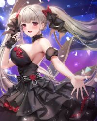  absurdres azur_lane black_choker black_dress black_gloves blush bow breasts choker commentary_request detached_sleeves dress earpiece female fingerless_gloves formidable_(azur_lane) formidable_(muse)_(azur_lane) frilled_choker frills from_side gloves grey_hair hair_ornament hairbow highres jademoon large_breasts long_hair looking_at_viewer official_alternate_costume puffy_sleeves red_bow red_eyes sideboob single_fingerless_glove single_glove skindentation smile solo upper_body 