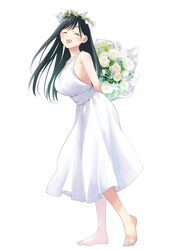  absurdres amagami-san_chi_no_enmusubi amagami_yae asymmetrical_bangs barefoot black_hair blush bouquet breasts closed_eyes dress female flower_wreath head_wreath heel_up highres holding holding_behind_back holding_bouquet large_breasts long_hair marcey open_mouth second-party_source sideboob simple_background sleeveless sleeveless_dress smile solo straight_hair white_background white_dress 