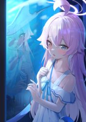  absurdres ahoge aquarium blue_archive blue_eyes blush breasts cleavage collarbone dress female hair_between_eyes halo heterochromia highres hoshino_(blue_archive) jewelry kuroliu_9021 long_hair oerba_yun_fang open_mouth pink_hair pink_halo reflection ring skin_fang small_breasts solo white_dress yellow_eyes 