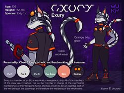  anthro bottomwear clothed clothing digital_media_(artwork) eidynx english_text exury_(wu_capy) felid feline female fingers footwear gloves hair handwear hi_res hybrid lynx mammal model_sheet pants shirt shoes simple_background smile solo tail text topwear wu_capy 