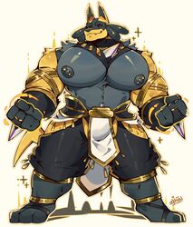  absurd_res anthro areola bandage bandaged_arm barazoku big_pecs black_body black_sclera bottomwear chest_spike chest_tuft clothing ear_piercing ears_up eyebrow_piercing facial_piercing fangs fur generation_4_pokemon gold_(metal) gold_clothing gold_jewelry golden_body graysheartart hand_spike hi_res hindpaw huge_pecs jewelry loincloth looking_at_viewer lucario male manly multicolored_body muscular muscular_anthro muscular_arms muscular_male nintendo nipple_piercing nipples paws pecs piercing pokemon pokemon_(species) sharp_teeth smile solo spikes spikes_(anatomy) teeth thick_arms tuft two_tone_body yellow_body yellow_fur 