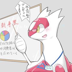  1:1 amber_eyes ambiguous_gender aokabike blush chart claws education eyewear female feral generation_3_pokemon glasses goggles japanese_text lanyard latias legendary_pokemon nintendo open_mouth pie_chart pince-nez pokemon pokemon_(species) simple_background solo text translated yellow_eyes 