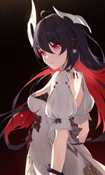  absurdres ahoge backless_dress backless_outfit black_flower black_hair breasts cleavage collar colored_inner_hair commentary_request dress female flower from_side hair_between_eyes hair_flower hair_ornament highres honkai_(series) honkai_impact_3rd large_breasts looking_to_the_side multicolored_hair official_alternate_costume ooo_wange red_eyes red_hair red_pupils seele_(alter_ego) seele_vollerei seele_vollerei_(on_fair_clouds)_(honkai_impact) seele_vollerei_(starchasm_nyx) sidelocks signature smile solo teeth white_collar white_dress white_flower 