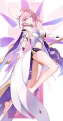  absurdres bare_legs bare_shoulders barefoot black_shorts breasts bridal_veil clothing_cutout commentary_request detached_sleeves diamond-shaped_pupils diamond_(shape) dress elysia_(herrscher_of_human:_ego)_(honkai_impact) elysia_(honkai_impact) female full_body gloves hair_between_eyes hair_intakes highres holding holding_staff honkai_(series) honkai_impact_3rd large_breasts long_hair looking_at_viewer ooo_wange parted_lips pink_hair pink_pupils purple_eyes reaching reaching_towards_viewer shorts side_cutout signature smile soles solo staff symbol-shaped_pupils toes veil white_background white_dress white_gloves white_sleeves white_veil 