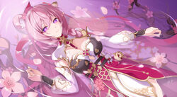  absurdres branch breasts bright_pupils cherry_blossoms cleavage commentary_request diamond-shaped_pupils diamond_(shape) dress elysia_(herrscher_of_human:_ego)_(honkai_impact) elysia_(honkai_impact) elysia_(peachy_spring)_(honkai_impact) female flower hair_between_eyes hair_flower hair_ornament hand_up highres honkai_(series) honkai_impact_3rd large_breasts layered_dress looking_at_viewer lying official_alternate_costume on_back ooo_wange partially_submerged pink_dress pink_flower pink_hair pointy_ears purple_eyes ripples signature smile solo symbol-shaped_pupils water white_dress white_flower white_pupils 