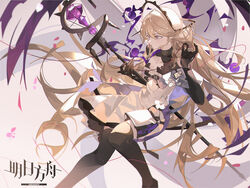  absurdres arknights black_gloves black_pantyhose black_sleeves blonde_hair closed_mouth commentary_request copyright_name dress feet_out_of_frame female floating_hair flower gloves hand_up highres holding holding_staff id_card indigo_(arknights) infection_monitor_(arknights) krao long_hair pantyhose purple_eyes solo staff thread very_long_hair white_dress white_flower 