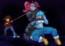  absurd_res angry anthro armor asphyxiation avian bird chokehold choking clothing clover_(undertale_yellow) cyanosis duo female fight fish hair hi_res human long_hair male mammal marine martlet_(undertale_yellow) navel red_hair rope thedarkzircon thick_thighs torn_clothing undertale_(series) undertale_yellow undyne 