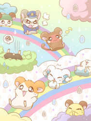  3:4 :3 angry bedding bijou_(hamtaro) blanket boss_(hamtaro) brown_body brown_fur buster_(hamtaro) cappy_(hamtaro) closed_eyes clothing cloud cricetid feral fur group hamster hamtaro hamtaro_(series) hat headgear headwear jin3_z mammal musical_note nude ook-ook_(hamtaro) open_mouth orange_body orange_fur oxnard_(hamtaro) penelope_(hamtaro) police rainbow ribbons rodent seed sky sunflower_seed superflat white_body white_fur 