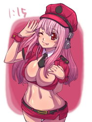  ;p blush breasts cleavage commentary_request female headphones large_breasts long_hair looking_at_viewer navel nitroplus one_eye_closed open_mouth pink_eyes pink_hair smile solo super_sonico tongue tongue_out tsujizen 