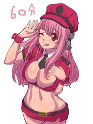  ;p blush breasts cleavage commentary_request female headphones large_breasts long_hair looking_at_viewer navel nitroplus one_eye_closed open_mouth pink_eyes pink_hair smile solo super_sonico tongue tongue_out tsujizen 