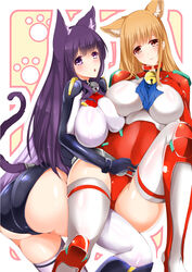  2girls :o animal_ears ascot asobi_ni_iku_yo! ass asymmetrical_docking bell belt blush bracer breast_press breasts cat_ears cat_tail collar commentary_request covered_navel eris_(asobi_ni_iku_yo!) extra_ears gloves hand_on_own_chest head_tilt highres huge_ass impossible_clothes jingle_bell knee_up kuune large_breasts leotard light_brown_hair light_smile long_hair looking_at_viewer looking_back minamon_(vittel221) multiple_girls neck_bell outline paw_print purple_eyes purple_hair red_eyes red_leotard shiny_clothes smile surprised tail tail_through_clothes thighhighs thighs turtleneck very_long_hair white_legwear 