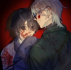  2boys black_eyes black_hair black_shirt blood blood_on_clothes blood_on_eyewear blood_on_face blue_jacket chinese_commentary closed_mouth commentary_request empty_eyes eyes_visible_through_hair green_jacket grey_hair jacket jiangbuxizhouzhouzhou liu_qingcheng long_sleeves male_focus mole mole_under_eye mole_under_mouth multiple_boys multiple_moles open_mouth red_background shi_zhaoying shirt short_hair smile sunglasses touqi_guaitan white_shirt 