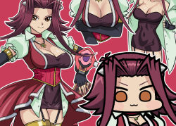  :3 breasts brown_eyes chibi choker cleavage covered_navel female fingerless_gloves gloves hair_ornament izayoi_aki jazz_jack jewelry long_hair multiple_views necklace purple_background purple_hair simple_background smile thighhighs yu-gi-oh! yu-gi-oh!_5d&#039;s zettai_ryouiki 