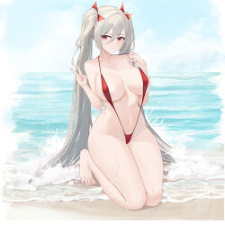  absurdres azur_lane beach blonde_hair blush bow breasts day female full_body groin hair_between_eyes hairbow half-closed_eyes hand_up hands_up highres hip_focus kneeling l&#039;audacieux_(azur_lane) large_breasts long_hair looking_at_viewer navel ocean outdoors pulling_own_clothes red_bow red_eyes red_slingshot_swimsuit slingshot_swimsuit smile solo string_pull suo_bu_ye_feng swimsuit teasing thighs tiptoes twintails v very_long_hair wet wet_hair 