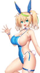  absurdres animal_ears aqua_eyes asamura_hiori bare_shoulders blonde_hair blush breasts cleavage fake_animal_ears fake_tail female gene_(pso2) green_hair hair_between_eyes highres huge_breasts leotard linked_bikini looking_at_viewer monokini multicolored_hair oerba_yun_fang one-piece_swimsuit open_mouth phantasy_star phantasy_star_online_2 playboy_bunny rabbit_ears sideless_leotard simple_background smile solo streaked_hair swimsuit tail twintails two-tone_hair 