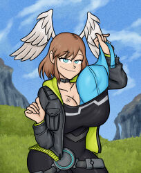  big_breasts bra bra_lift bra_removed breasts eunie_(xenoblade) looking_at_another nintendo outdoors sitting smile sweater tattoo tattoo_on_chest thick winged_humanoid wings wings_on_head xenoblade_(series) xenoblade_chronicles_(series) xenoblade_chronicles_3 yellowsalamander 