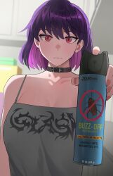  absurdres bare_shoulders black_choker camisole choker english_commentary female highres holding indoors jourd4n looking_at_viewer original purple_hair red_eyes short_hair solo spaghetti_strap spray_can upper_body 