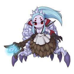  :&lt; arachne arthropod_girl black_bra black_gloves blue_hair bra breasts breasts_apart brinaranea chibi chibi_only closed_mouth colored_skin expressionless extra_eyes female full_body gloves grey_skin hair_ornament high_ponytail holding holding_staff long_hair looking_at_viewer medium_breasts monster_girl official_art pointed_crown pointy_ears ragnarok_online red_eyes simple_background skirt solo spider_girl staff standing taur transparent_background underwear white_skirt yuichirou 