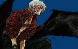  1boy black_pants black_wings blood blood_in_hair blood_on_arm blood_on_face blue_background chest_strap closed_mouth dante_(devil_may_cry) devil_may_cry_(series) devil_may_cry_3 hair_over_eyes highres ilostmyshadow jacket leaning_forward male_focus pants red_jacket short_hair smile solo torn_clothes torn_sleeves white_hair wings 