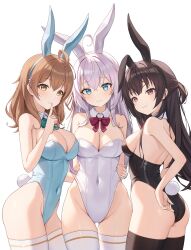  3girls absurdres ahoge alisa_mikhailovna_kujou animal_ears aqua_bow aqua_bowtie arms_behind_back ass ass_visible_through_thighs bare_shoulders black_eyes black_hair black_leotard black_thighhighs blonde_hair blue_eyes blue_leotard bow bowtie breasts brown_hair cleavage closed_mouth collar commentary_request commission covered_navel detached_collar fake_animal_ears fake_tail finger_to_mouth flower hair_flower hair_ornament halonakoma9 highleg highleg_leotard highres large_breasts leotard light_smile long_hair looking_at_viewer mariya_mikhailovna_kujou medium_breasts multiple_girls pixiv_commission playboy_bunny purple_eyes rabbit_ears rabbit_tail red_bow red_bowtie ribbon sideboob simple_background smile standing strapless strapless_leotard suou_yuki tail thighhighs thighs tokidoki_bosotto_roshia-go_de_dereru_tonari_no_alya-san white_background white_collar white_hair white_leotard white_thighhighs yellow_eyes 