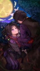  2boys animal_ears black_hair blush bow-shaped_hair cloud cyuuu3e excited feet_out_of_frame fox_ears from_behind full_moon hakama hakama_pants heavy_breathing highres horseback_riding houjou_tokiyuki_(nige_jouzu_no_wakagimi) japanese_clothes kariginu kazama_genba leaf looking_at_another looking_up male_focus mask moon multiple_boys nige_jouzu_no_wakagimi night night_sky ninja outdoors pants parted_bangs parted_lips purple_eyes purple_hakama red_scarf riding saddle scarf short_hair sidelocks_tied_back sky smile sparkle squatting sweat tree 