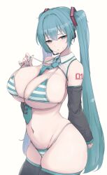  absurdres adapted_costume aqua_bikini aqua_eyes aqua_hair aqua_nails aqua_necktie arm_tattoo between_breasts bikini bikini_under_clothes black_thighhighs blush breasts cleavage commentary cowboy_shot detached_sleeves expressionless female hair_intakes hair_ornament hatsune_miku headset highres large_breasts long_hair looking_at_viewer meme_attire miku_collar_bikini nail_polish navel necktie necktie_between_breasts number_tattoo parted_lips ryuu. shrug_(clothing) simple_background skindentation solo standing strap_pull string_bikini striped_bikini striped_clothes sweatdrop swimsuit tattoo thighhighs twintails vocaloid white_background white_bikini wing_collar 