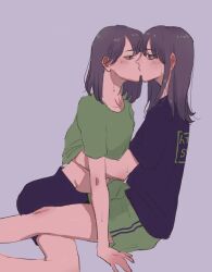  2girls between_legs black_shirt black_skirt blush brown_eyes brown_hair clothes_lift green_shirt green_shorts hand_under_clothes hand_under_shirt highres kissing long_hair multiple_girls original pizza_(2525jdm_jdm) purple_background shirt shirt_lift short_sleeves shorts simple_background skirt sweat sweatdrop yuri 