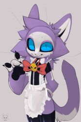  2024 4_fingers alternate_version_at_source anthro blue_eyes claws clothed clothing crossdressing digital_media_(artwork) domestic_cat felid feline felis finger_claws fingers fur hair hi_res legwear maid_uniform male male_anthro mammal pawpads presto_(artist) presto_(character) purple_body purple_fur purple_hair solo tail thigh_highs uniform white_body white_fur 